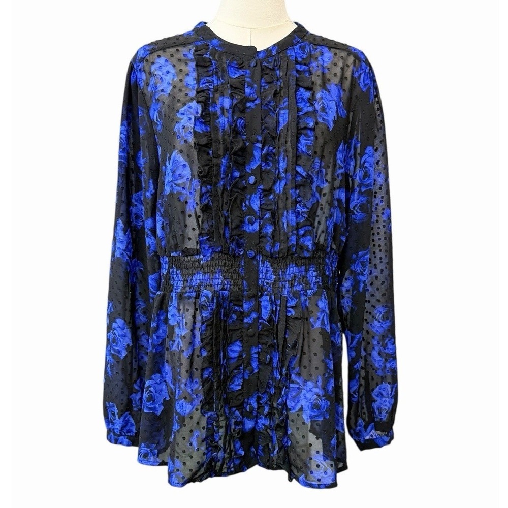 Torrid Chiffon Clip Dot Ruffle Front Sheer Top Floral Roses Blue Size 1 XL Fairy